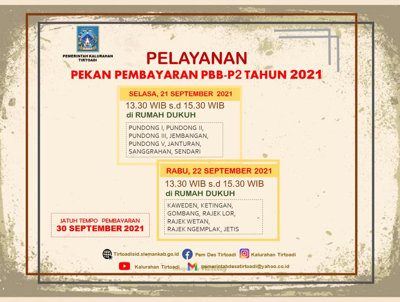Jadwal Pekan Pelayanan Pembayaran PBB-P2 Tahap VI Tahun 2021