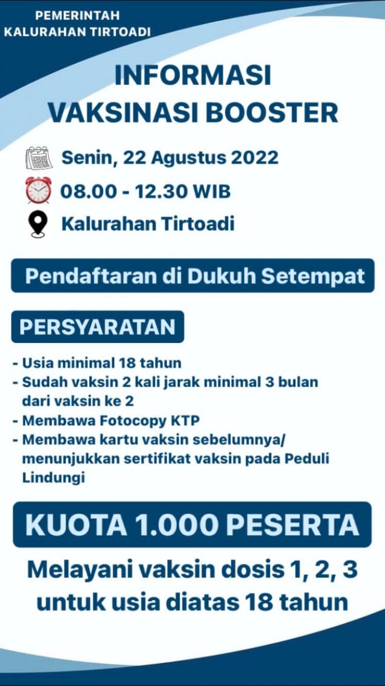 JADWAL PELAKSANAAN VAKSINASI BOSTER DI KALURAHAN TIRTOADI