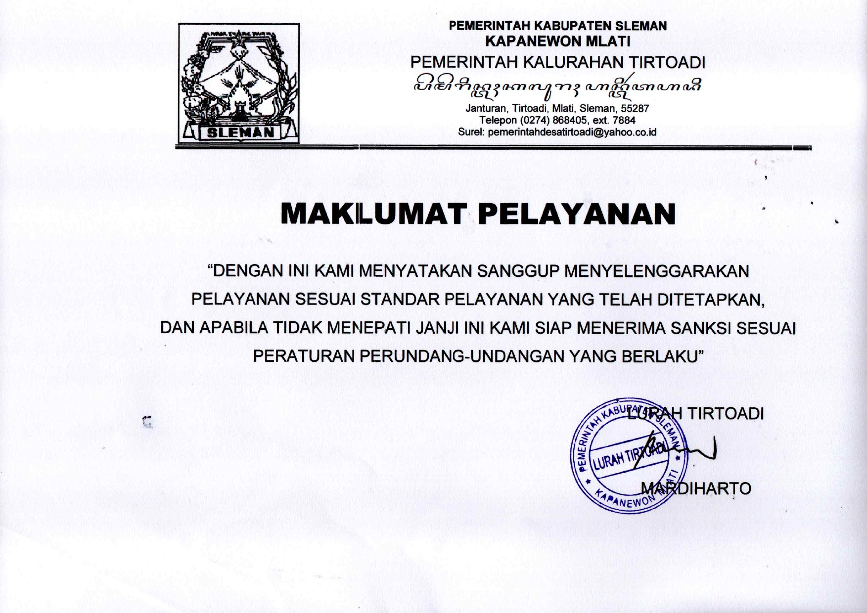 MAKLUMAT PELAYANAN KALURAHAN TIRTOADI